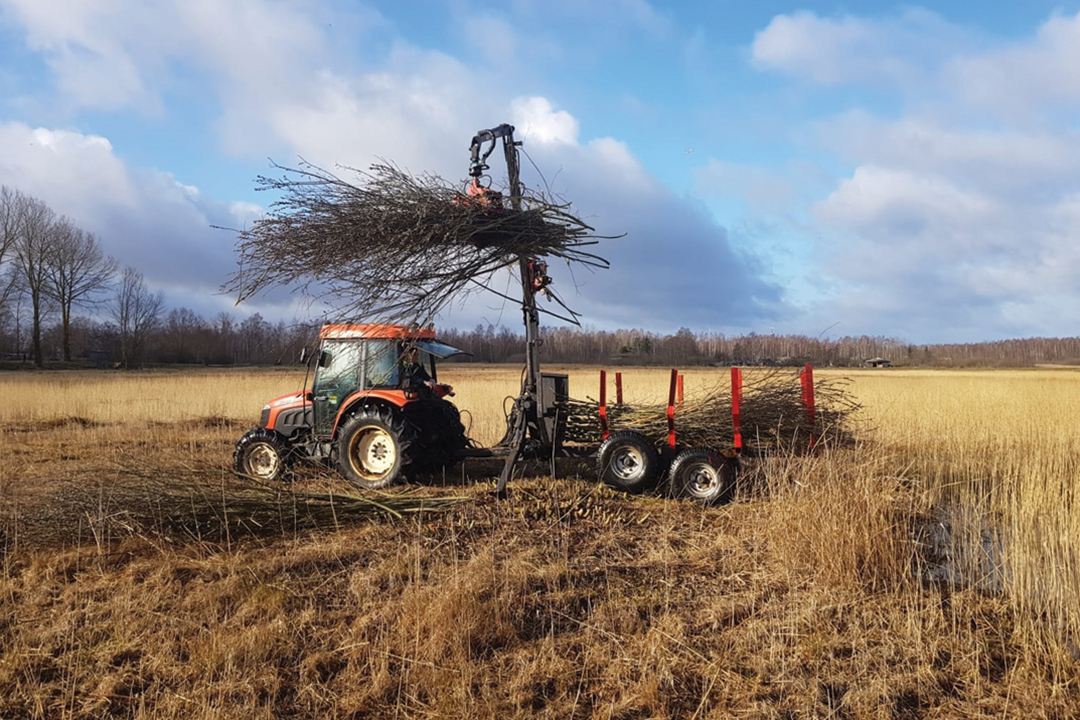 Traktors savāc zarus no mitrās pļavas.